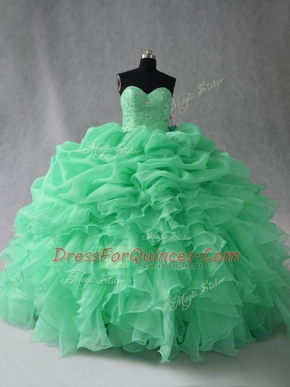 Apple Green Ball Gowns Scoop Sleeveless Organza Floor Length Lace Up Beading and Ruffles and Pick Ups Quinceanera Dress
