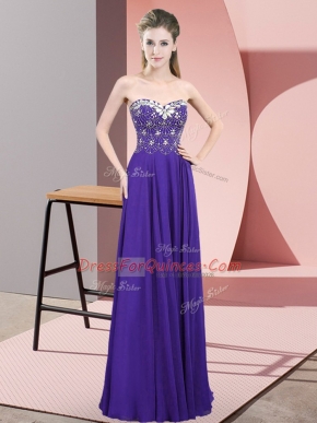 High Class Sweetheart Sleeveless Prom Gown Floor Length Beading Purple Chiffon