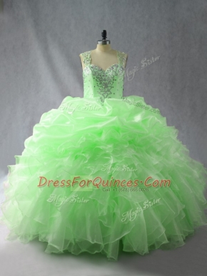 Pretty Zipper Straps Beading and Ruffles and Pick Ups Quince Ball Gowns Organza Sleeveless