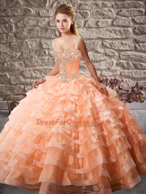 Orange Sleeveless Organza Court Train Lace Up Ball Gown Prom Dress for Sweet 16 and Quinceanera