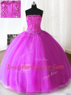 Fitting Fuchsia Sleeveless Beading and Appliques Floor Length Sweet 16 Quinceanera Dress