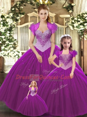 Fuchsia Straps Lace Up Beading Quinceanera Gowns Sleeveless