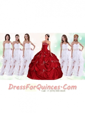 Lovely Taffeta Applique and Beaded Red Quinceanera Dress and Asymmetrical White Dama Dresses