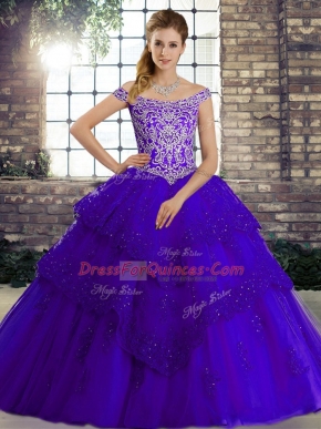 Purple Sweet 16 Dress Off The Shoulder Sleeveless Brush Train Lace Up