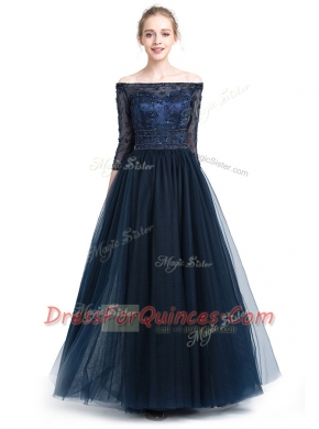 Off the Shoulder Navy Blue 3 4 Length Sleeve Floor Length Beading and Appliques Zipper Prom Dress