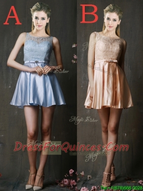 Pretty Bateau Laced and Belted Short Dama Dresses in Taffeta