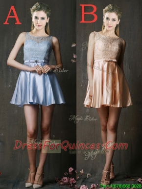 Pretty Bateau Laced and Belted Short Dama Dresses in Taffeta