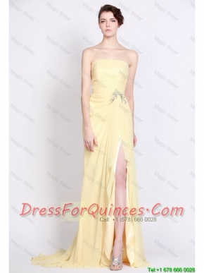 Beautiful Strapless Beaded and High Slit Prom Dresses in Yellow