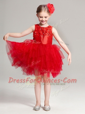 Fitting Scoop Mini Length A-line Sleeveless Red Flower Girl Dress Zipper
