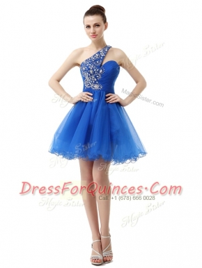 Superior A-line Prom Gown Royal Blue One Shoulder Organza Sleeveless Knee Length Criss Cross