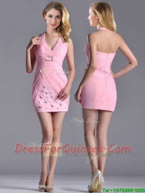 Latest Column Halter Top Prom Dress with Beading and Ruching
