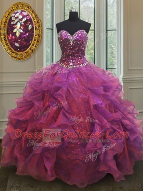 Edgy Purple Organza and Sequined Lace Up 15th Birthday Dress Sleeveless Floor Length Beading and Ruffles
