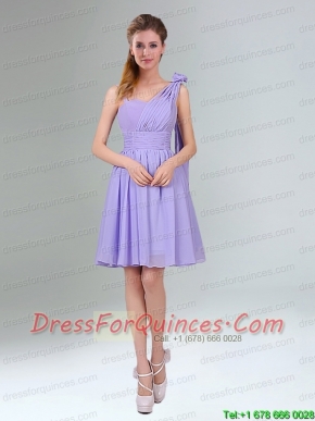 Gorgeous Mini Length Lavender Prom Dress with Ruching and Handmade Flower