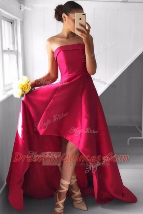 Artistic Fuchsia Satin Zipper Strapless Sleeveless Asymmetrical Prom Party Dress Pleated