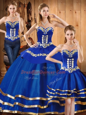 Affordable Floor Length Lace Up Quinceanera Dresses Blue for Military Ball and Sweet 16 and Quinceanera with Embroidery