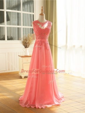 Edgy Watermelon Red Zipper Scoop Beading and Lace and Appliques Prom Party Dress Chiffon Sleeveless