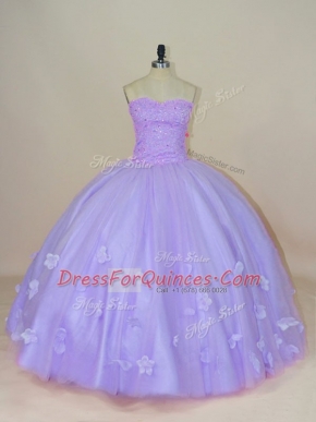 Captivating Sleeveless Floor Length Beading and Hand Made Flower Backless Quince Ball Gowns with Lavender