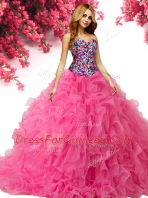 Superior Hot Pink Sweetheart Neckline Beading and Ruffles Sweet 16 Dress Sleeveless Lace Up