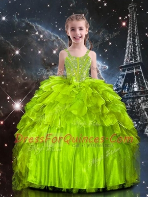 Comfortable Yellow Green Organza Lace Up Spaghetti Straps Sleeveless Floor Length Girls Pageant Dresses Beading and Ruffles