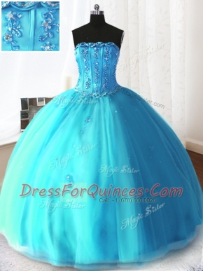 Sleeveless Tulle Floor Length Lace Up Ball Gown Prom Dress in Baby Blue with Beading and Appliques