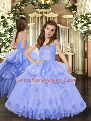 Lavender Lace Up Straps Appliques Little Girls Pageant Dress Wholesale Tulle Sleeveless