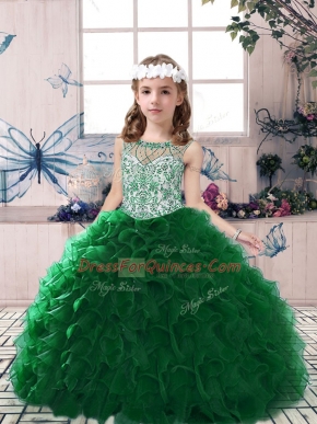 Dark Green Ball Gowns Scoop Sleeveless Organza Floor Length Lace Up Beading and Ruffles Little Girls Pageant Dress