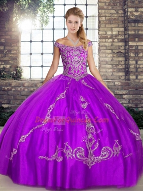 Custom Designed Purple Off The Shoulder Neckline Beading and Embroidery Sweet 16 Dress Sleeveless Lace Up