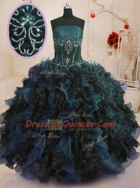 Latest Organza Strapless Sleeveless Lace Up Beading and Ruffles Quinceanera Dresses in Multi-color