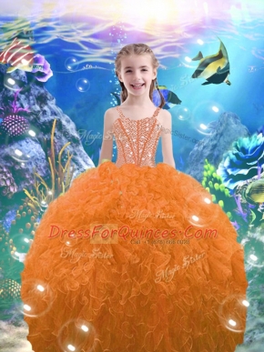 Eye-catching Sleeveless Organza Floor Length Lace Up Little Girls Pageant Gowns in Orange Red with Beading and Ruffles