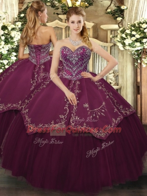 Discount Burgundy Sleeveless Beading and Pattern Floor Length Ball Gown Prom Dress