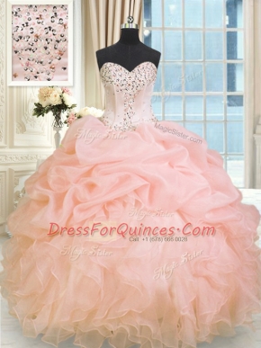 Spectacular Baby Pink Sleeveless Beading and Ruffles Floor Length Ball Gown Prom Dress