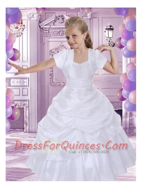 White Taffeta A-Line Short Sleeves Flower Girl Dress with Pick-ups