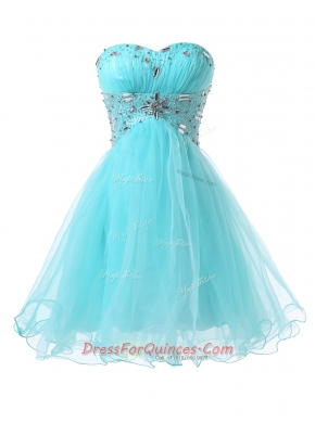Deluxe Blue A-line Beading Evening Dress Lace Up Organza Sleeveless Knee Length