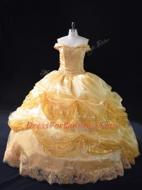 Super Gold Off The Shoulder Neckline Beading and Pick Ups Sweet 16 Dress Sleeveless Lace Up