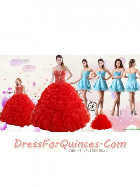 2015 Ruffled Red Quinceanera Gown and Light Blue Sweetheart Beading Prom Dresses and Halter Top Beaded Flower Girl Dress
