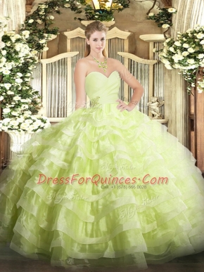Delicate Sweetheart Sleeveless Vestidos de Quinceanera Floor Length Beading and Ruffled Layers Yellow Green Organza