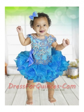 2015 Bowknot Off the Shoulder Appliques and Beading Short Little Girl Dress with Lace-up