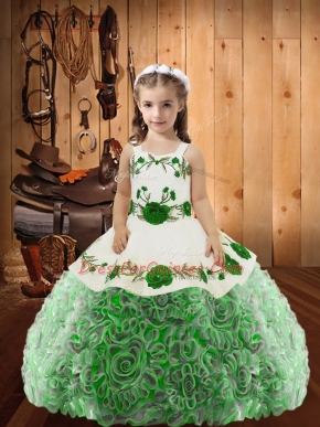Straps Sleeveless Little Girls Pageant Dress Floor Length Embroidery and Ruffles Multi-color Fabric With Rolling Flowers