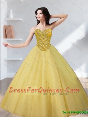 Classical Tulle Beading Sweetheart Gold Quinceanera Dresses for 2015