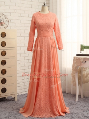 Orange Scoop Neckline Lace Prom Evening Gown Long Sleeves Zipper