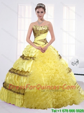 2015 Strapless Yellow Quinceanera Dress with Beading and Ruffles