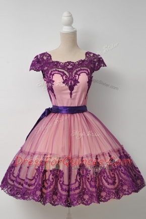 Tulle Square Cap Sleeves Zipper Belt Prom Evening Gown in Purple