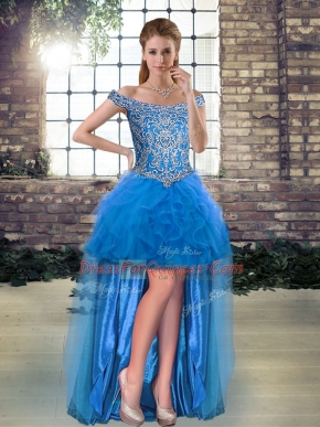 Best Beading and Ruffles Blue Lace Up Sleeveless High Low