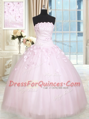 Tulle Strapless Sleeveless Lace Up Beading and Appliques 15th Birthday Dress in Baby Pink
