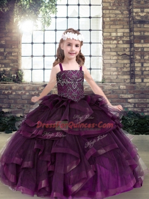 Customized Tulle Sleeveless Floor Length Pageant Gowns For Girls and Beading and Ruffles