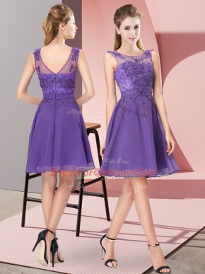 Ideal Lavender Chiffon Zipper Scoop Sleeveless Knee Length Quinceanera Court Dresses Appliques