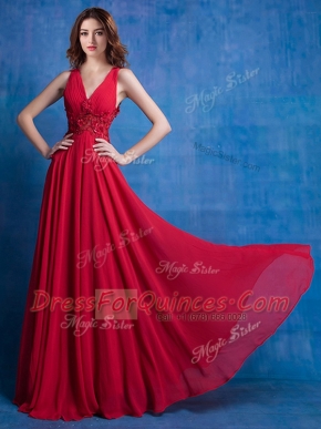Red V-neck Backless Appliques Prom Dresses Sleeveless