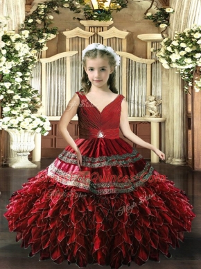 Fashion Sleeveless Floor Length Pageant Dress for Teens and Beading and Appliques and Ruffles
