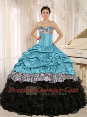 Aqua and Black Sweetheart Ruffles 15th Birthday Dresses With Floor-length