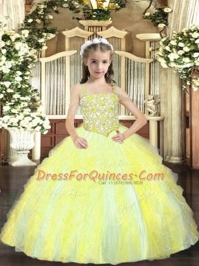 Yellow Green Straps Lace Up Beading and Ruffles Child Pageant Dress Sleeveless